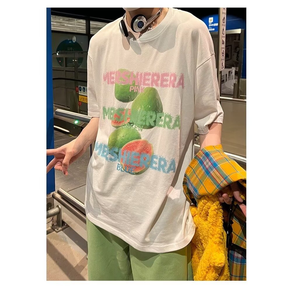 【M-2XL】夏季水果字母印花短袖寬鬆T恤男女情侶百搭休閒上衣