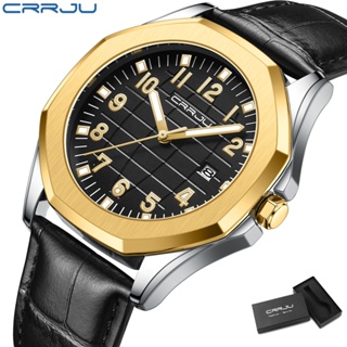 Crrju頂級奢華休閒款皮錶帶商務氣質時尚潮流原裝正品夜光顯示石英防水男錶5022