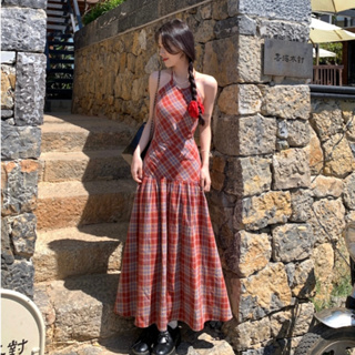 韓版旅行海邊度假格子吊帶長裙女裝緊身收腰露背綁帶設計格紋中長款吊帶洋裝