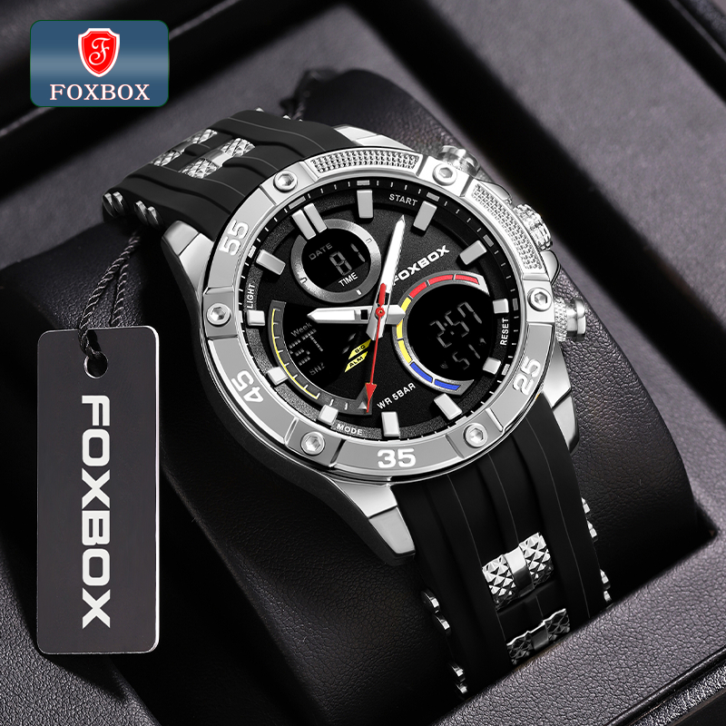 Foxbox 時尚數字手錶男士新款雙顯示戶外防水運動夜光矽膠 LIGE 男士手錶