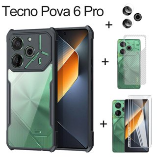 4 合 1 適用於 Tecno Pova 6 Pro 手機殼和透明屏幕鋼化玻璃膜 + 相機鏡頭膜 + 背膜 + 防震手機