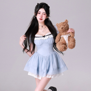 韓版小清新可愛性感A字洋裝女裝緊身收腰愛蕾絲拼接撞色圓領短袖洋裝
