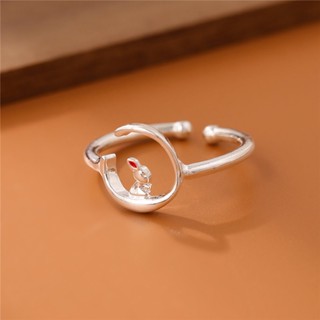 925純銀戒指 時尚簡約彎彎月亮兔子可愛玉兔開口戒指 女款創意個性動物指環配飾 CR002
