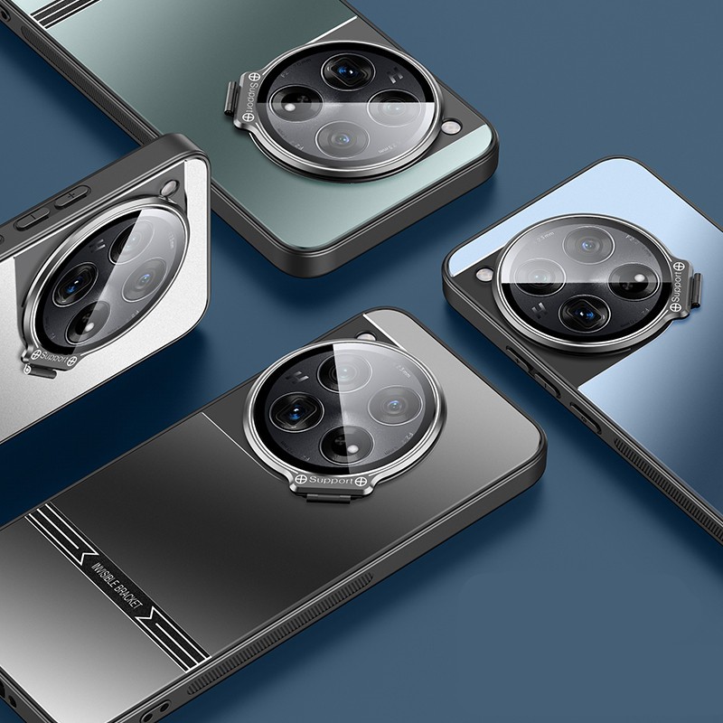 適用於 OnePlus 12 玻璃鏡頭保護金屬隱藏式支架外殼的高品質 PC 磨砂手機殼