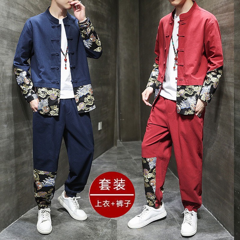 中國風男裝 棉麻唐裝套裝  中山裝 盤扣漢服 印花 中式中山裝 外套 兩件套