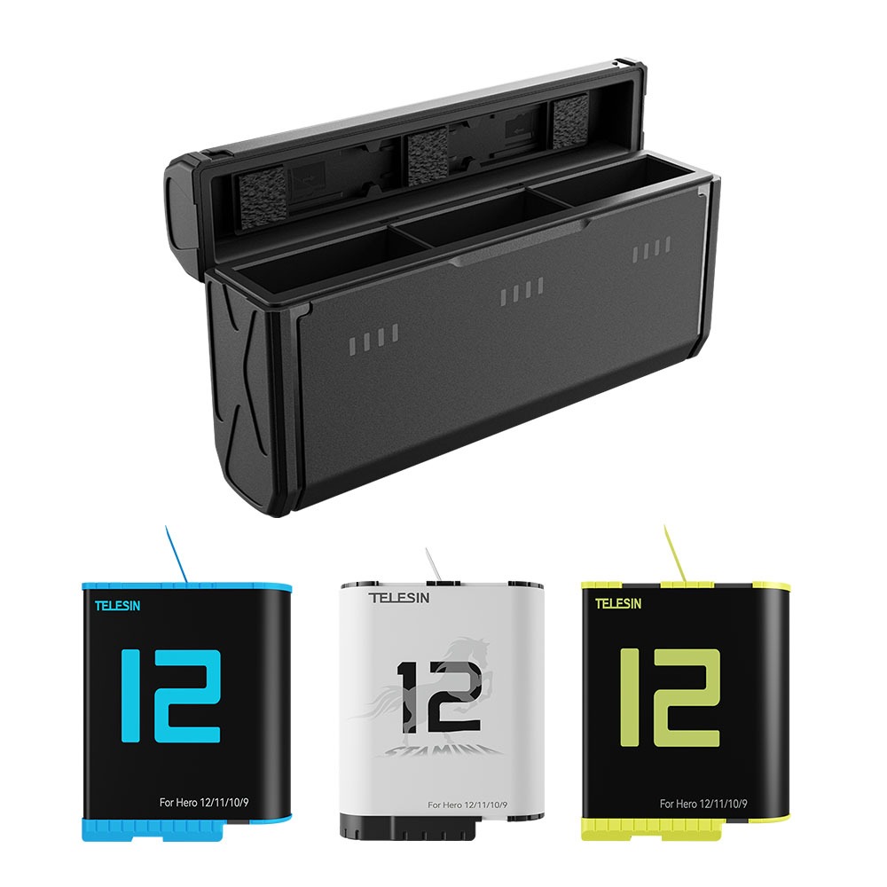 TELESIN 多功能口袋式電池 3 槽存儲充電器盒便攜式續航電池適用於GoPro 12/11/10/9 Blcak