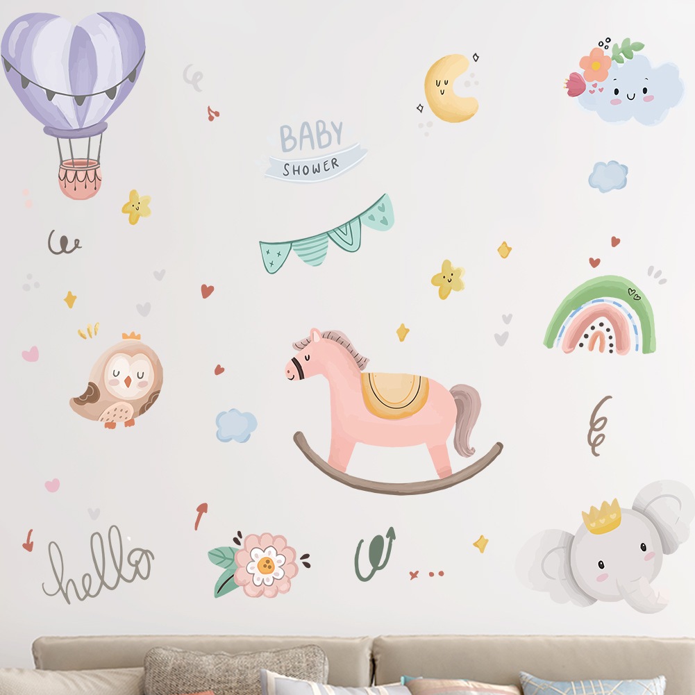 卡通彩虹雲朵熱氣球牆貼，幼兒園教室兒童臥室牆面裝飾貼紙
