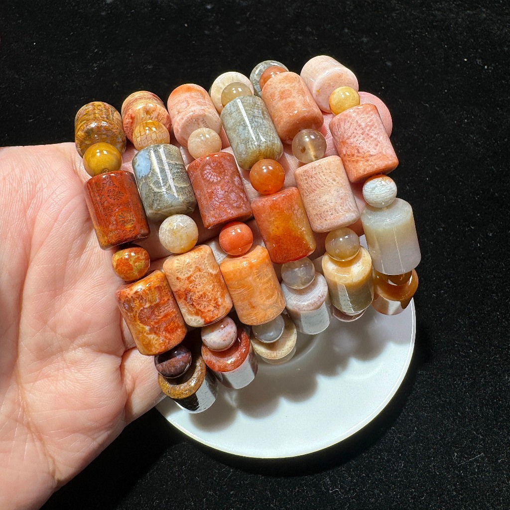 天然 珊瑚玉 菊花石 飾品 配飾  手鍊 手飾 珊瑚化石 桶珠手串