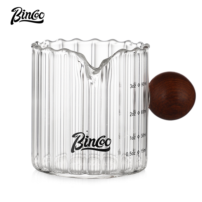 BINCOO 咖啡萃取杯 木柄量杯 奶盅 玻璃刻度盎司杯 意式濃縮咖啡奶罐 90ML