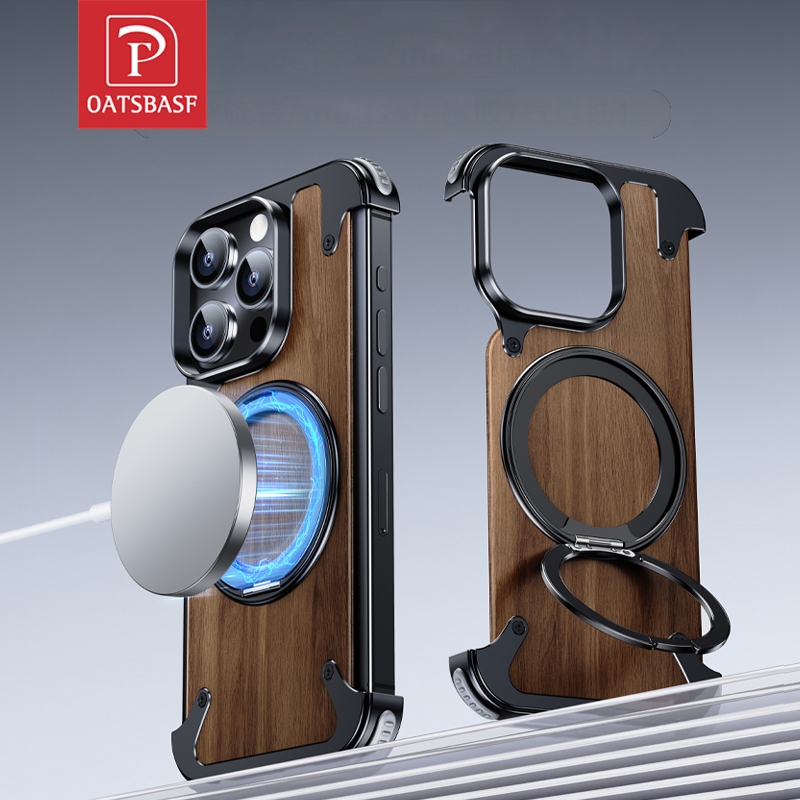 Oatsbasf 木製手機殼磁吸氣囊手機殼內置360° 旋轉支架適用於Iphone 15/14 Pro Max