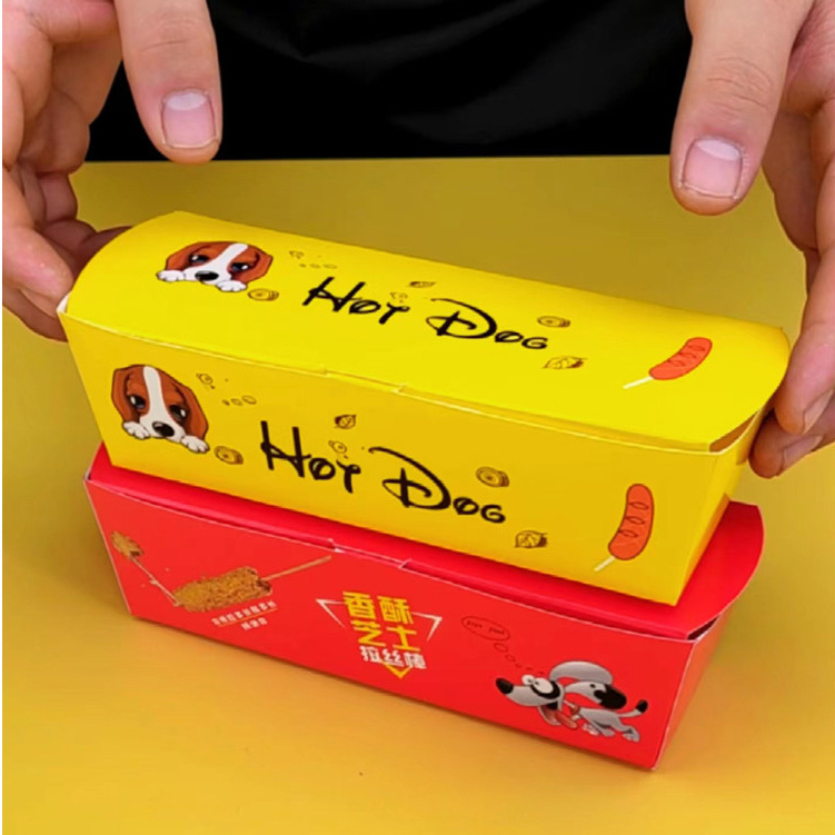 【現貨】【熱狗包裝盒】拉絲 芝士 熱狗棒盒子 一次性 香酥 卡通 打包盒 長方形 蛋包腸 紙盒