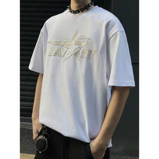 【S-3XL】美式字母星星刺繡短袖T恤男士圓領休閒運動夏季上衣