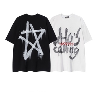 【S-3XL】美式高街嘻哈塗鴉字母星星印花短袖T恤男女寬鬆休閒上衣