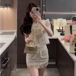 韓版聚會派對性感時尚套裝女裝緊身短版圓領短版單排扣短袖蕾絲襯衫+高腰A字半身裙兩件套