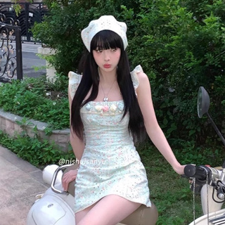韓版旅行度假性感吊帶洋裝女裝緊身收腰繡花蕾絲花邊無袖圓領緊身洋裝