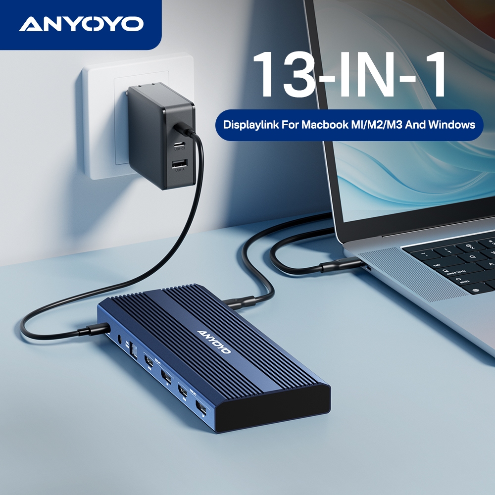 Anyoyo 雙 4K HDMI Displaylink 筆記本電腦 13 合 1 USB-C 集線器,適用於 M1、M