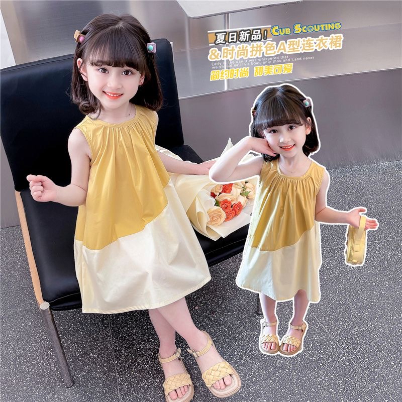 韓版女童背心洋裝90-140碼夏中兒童無袖長款公主洋裝 拼色裙子 寶寶洋裝 洋裝