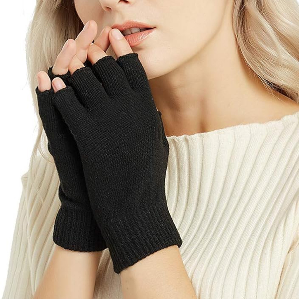 2024 2 雙男女通用黑色半指無指手套男女針織手腕棉冬季保暖工作連指手套