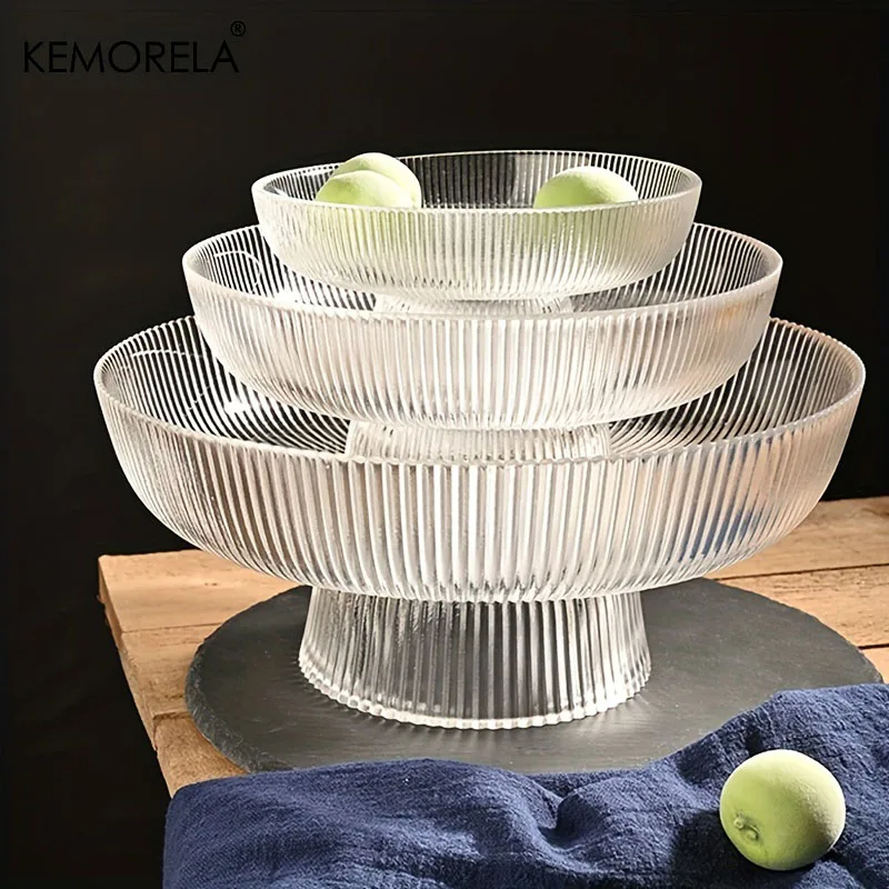 KEMORELA 1 件裝玻璃水果碗帶腳高條紋儲物托盤家居客廳裝飾創意乾果托盤零食托盤廚房櫃檯裝飾水果籃桌面家用