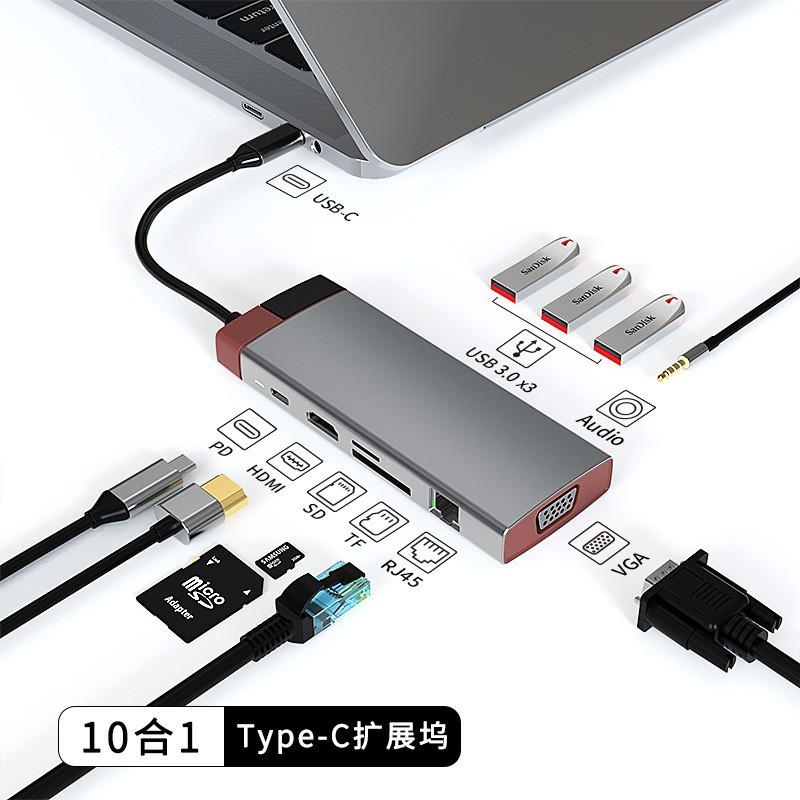 2024新款TYPE-C擴展塢10合1 USB-C轉HDMI+VGA高清頻道RJ45千兆網卡SD+TF卡拓展塢USB3.