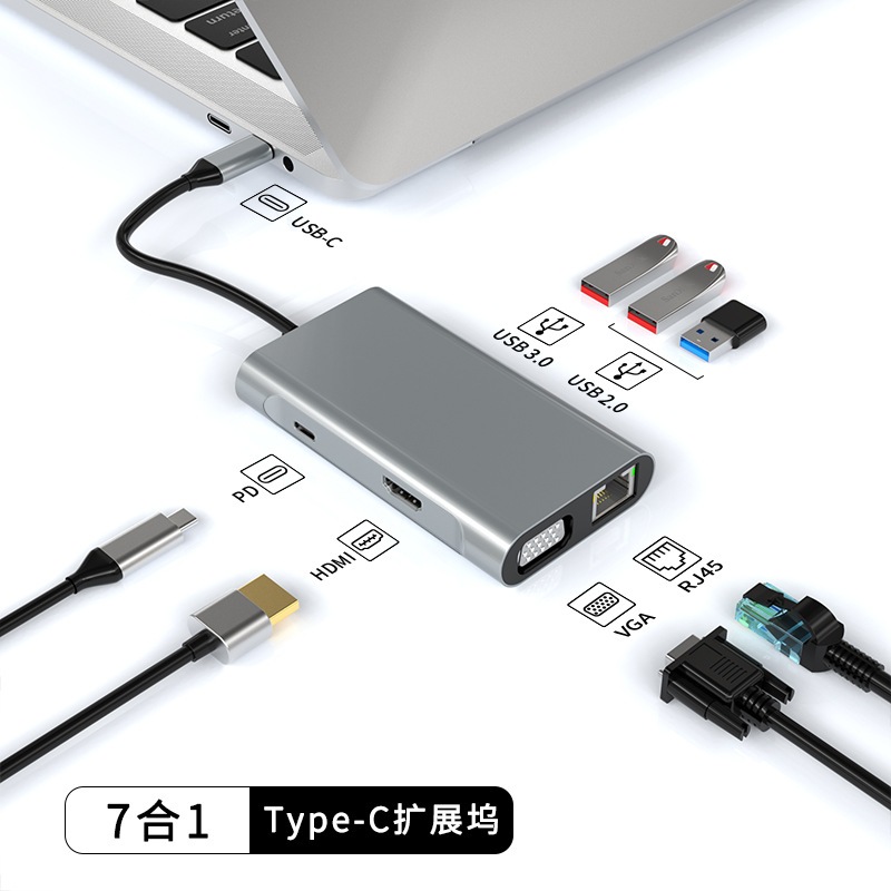 爆款7合1拓展塢TYPE-C擴展塢USB HUB筆電多功能集線器RJ45百兆網路
