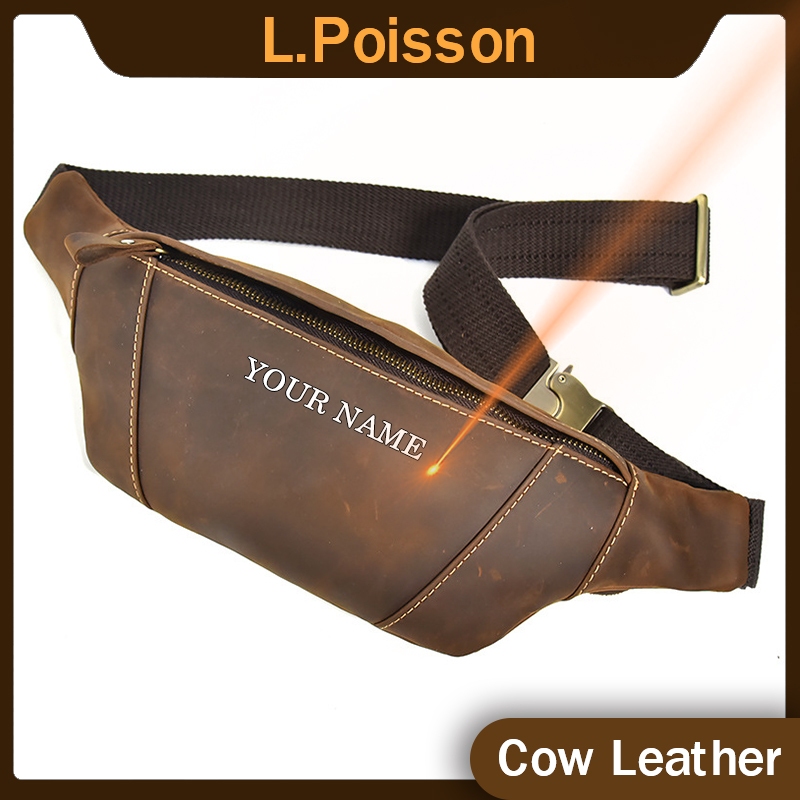 L.poisson [100% Crazy Horse 皮革] 男士胸包免費雕刻優質風格斜挎包