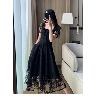 果哥家 法式黑色洋裝女2024夏季新款方領復古赫本風蕾絲小黑裙