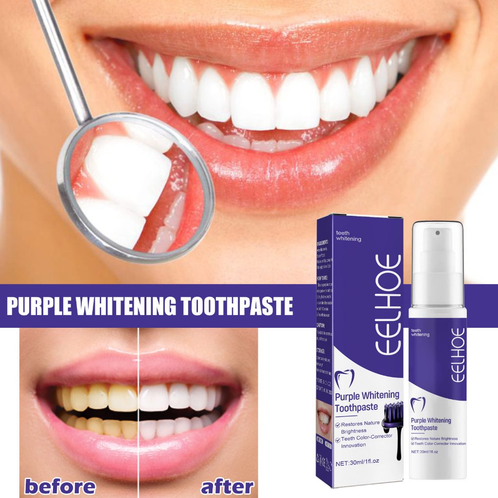 Eelhoe 紫色修正牙膏清新口氣減少黃漬保護牙齦清潔口腔牙菌斑去除劑美白牙膏 30ml