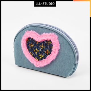 [LLLstudio]現貨 愛心牛仔布化妝包 大容量收納包 貝殼形狀美妝工具收納袋 收納包 手拿包 口紅包