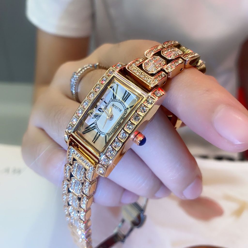 Scottie鋼錶帶女錶長方形緊湊型全鑽時尚緊湊型女錶
