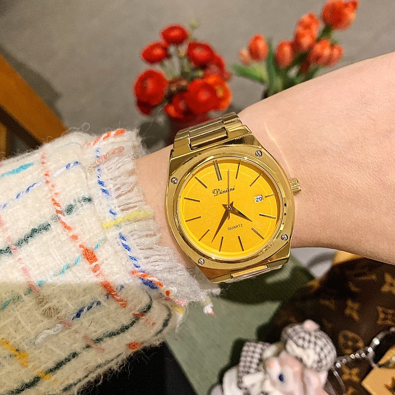 Dimini不銹鋼錶帶手錶女士時尚簡約方形氣質金鋼錶帶帶日曆復古手錶女士手錶