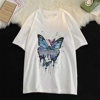 【S-3XL】美式復古蝴蝶印花夏季上衣男女寬鬆休閒圓領短袖T恤