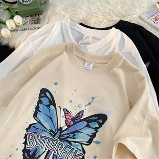 【S-3XL】美式復古嘻哈蝴蝶印花短袖T恤男女寬鬆休閒夏季上衣