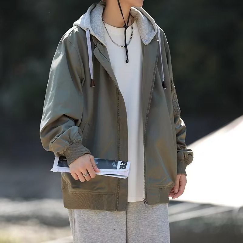 【M-2XL】日系復古寬鬆連帽飛行夾克男士春秋季棒球服長袖外套