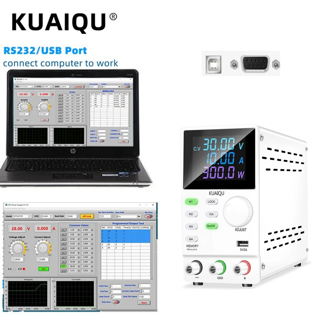 Kuaiqu 可編程穩壓直流電源帶 RS-232/USB 端口存儲數據電壓電流調節器 30V 10A