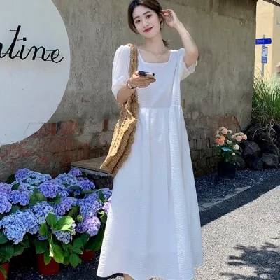 韓版長裙女夏季新款chic小方領高腰修身純色短袖連衣裙