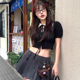 韓版休閒時尚黑色針織上衣女裝緊身收腰短版鏤空翻領短袖針織綁帶小外套