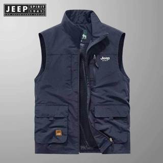 JEEP SPIRIT 1941 ESTD 男士無袖軍裝外套時尚釣魚背心帶口袋攝影黑色春秋M-6XL