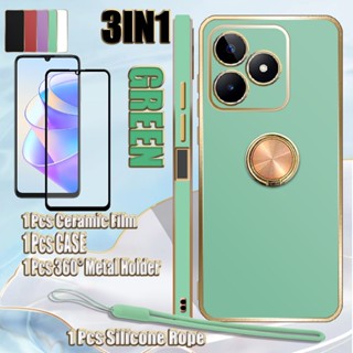 3 合 1 適用於 Realme Note 50 4G/RMX3834 手機殼豪華電鍍軟手機殼,帶陶瓷全屏膜和金屬環支架