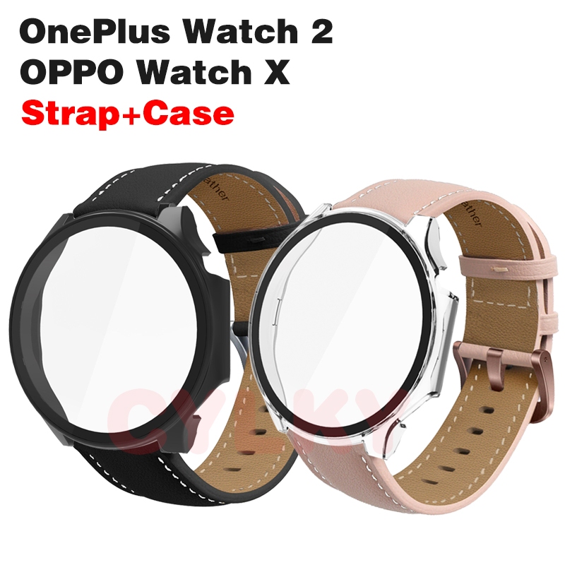 適用於 OPPO Watch X 錶帶 OnePlus Watch 2 皮革軟錶帶保護套 PC 鋼化玻璃在一起