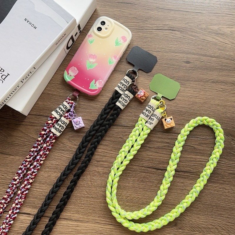 手機掛繩 編織長繩 方形卡通吊飾 帶耐用卡片 適用手機殼 鑰匙扣 隨身碟 耳機套