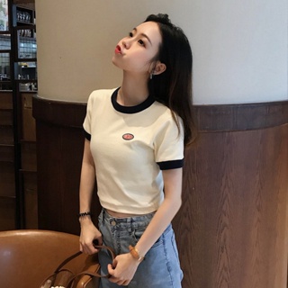 新款夏季韓版洋裝短袖t恤緊身高腰顯瘦性感休閒緊身露肚短版上衣女裝ins潮流時尚
