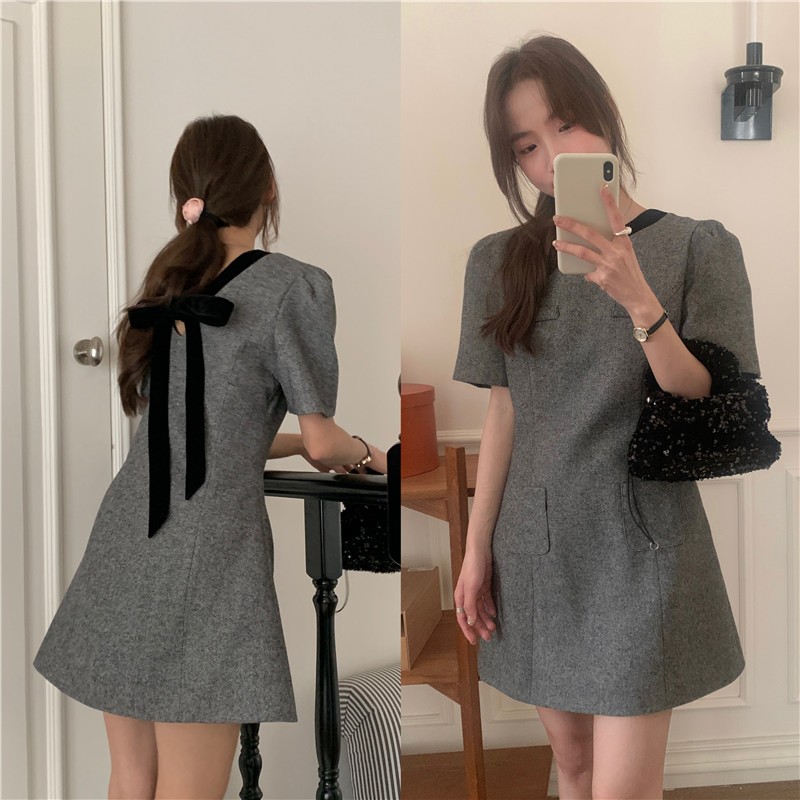 In march | 韓版法式復古小香風拼色短袖名媛氣質洋裝