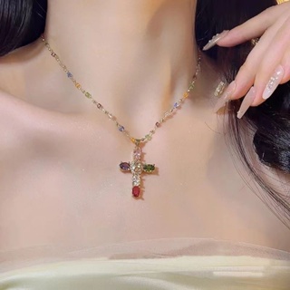 韓版彩色十字架撞色水晶項鍊高級感百搭鎖骨鏈