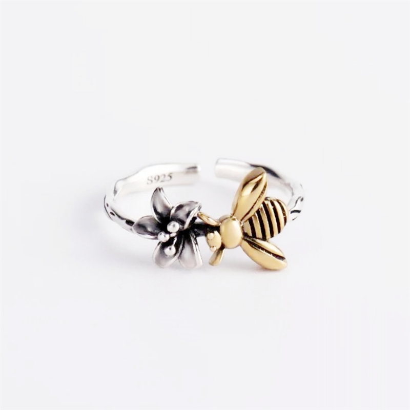 925純銀金蜜蜂泰國銀花高級珠寶奢華可調節大小開口女戒指