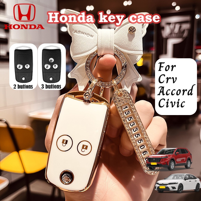 HONDA 本田鑰匙包適用於 2/3 按鈕蝴蝶結掛繩鑰匙包本田 CRV/雅閣/思域 TPU 鑰匙包鑰匙扣
