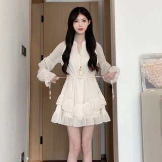 韓版休閒百搭時尚雪紡洋裝女裝緊身收腰V領長袖綁帶白色A字洋裝