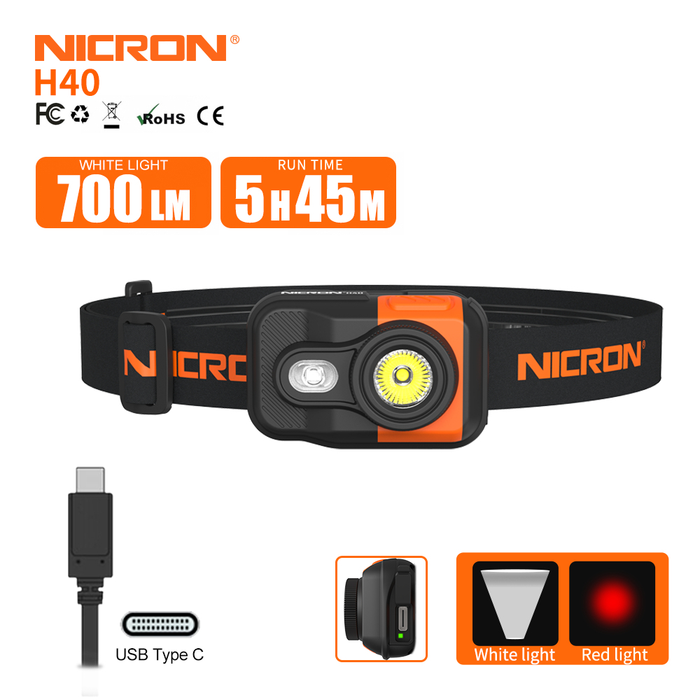 Nicron H40R LED頭燈700LM Type-C充電頭燈高亮度頭燈便攜戶外燈紅燈+白光頭燈