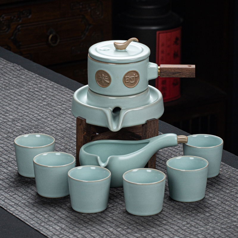 汝窯石磨小套功夫茶具套裝家用陶瓷辦公可養茶壺茶杯子時來運轉