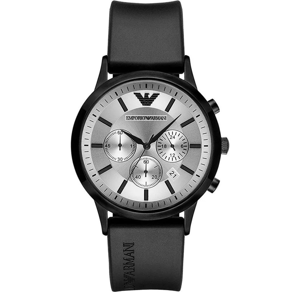 亞曼尼 正品 Emporio Armani 男士經典計時碼表銀色錶盤黑色矽膠手錶 AR11048 Jam Tangan